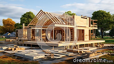 The Creation of Timber Frame Modular Homes. Generative AI Stock Photo