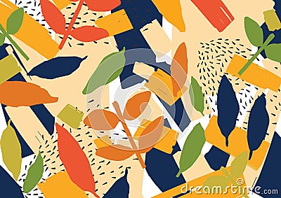 Creative abstract background with scattered stylized leaves. Modern bright colored horizontal backdrop with natural Vector Illustration