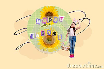 Creative abstract collage of cute little girl hold basket celebrate easter holiday traditional invitation bizarre Stock Photo