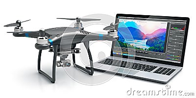 Quadcopter drone and laptop with video software Cartoon Illustration