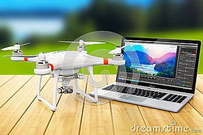 Quadcopter drone and laptop with video software outdoors Cartoon Illustration