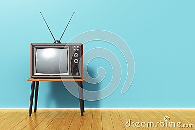 Old retro TV against blue vintage wall in the room Cartoon Illustration