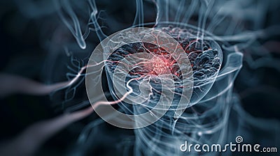 Creative abstract depiction of a neural network, using glowing red and blue lines to illustrate complex data connections and Stock Photo