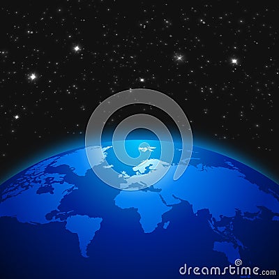 Creative abstract global communication scientific concept: space view of Earth planet globe with world map in Solar Stock Photo