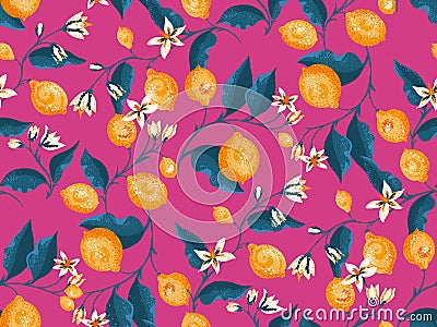 Creative abstract lime and lemon branches leaves and tiny flowers seamless pattern. Colorful floral and citrus fruits illustration Vector Illustration