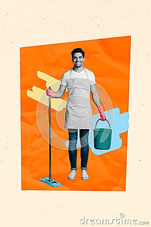 Creative abstract template collage of cleaning service worker hold mop bucket cleaner apron gloves unusual fantasy Stock Photo