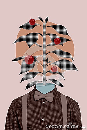 Creative abstract template collage of elegant gentleman guy red apples tree leaves instead head suspenders bow isolated Stock Photo