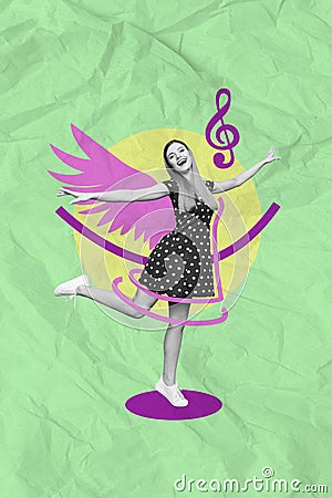 Creative abstract template collage of excited smiling female flying air bird angel flight air dancing have fun disco Stock Photo