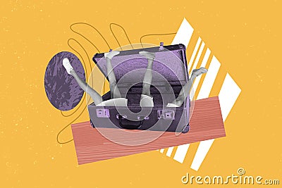 Creative abstract template collage of funny couple friends inside valise retro suitcase travelling freak bizarre unusual Stock Photo