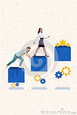 Creative abstract template graphics collage image of guy helping lady achieving success isolated drawing background Stock Photo