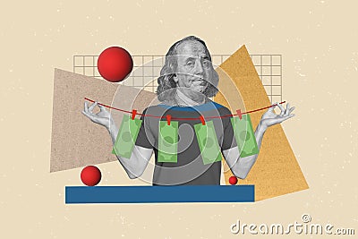 Creative abstract template graphics collage image of money guy washing drying cash isolated drawing background Stock Photo
