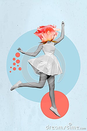 Creative abstract template graphics image of funny funky lady rose instead of head jumping high isolated drawing Stock Photo