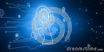 Creative AI head outline hologram with circuit on blurry backdrop. 3D Rendering Stock Photo