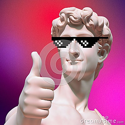 Creative AI illustration of David of Michelangelo's sculpture showing thumbs up and wearing glasses Cartoon Illustration