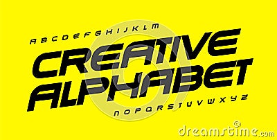 Creative alphabet for automotive, sport, gym and fitness. Geometric font, wide bold italic type for modern logo, banner Vector Illustration