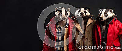 Badger in a group, vibrant bright fashionable outfits isolated on solid background advertisement Stock Photo