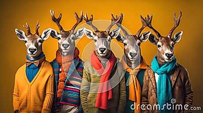 Gang family of deer in vibrant bright fashionable outfits, commercial, editorial advertisement Stock Photo