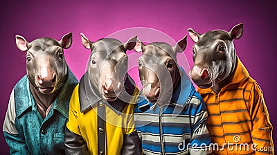 Gang family of tapir in vibrant bright fashionable outfits, commercial, editorial advertisement Stock Photo