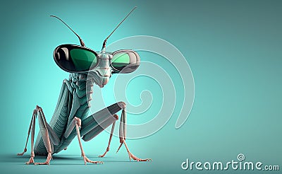 Creative animal concept. Praying mantis insect in sunglass shade isolated on pastel background, copy space text Generative AI Stock Photo