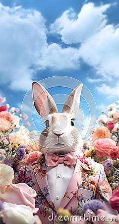 Rabbit hare bunny in smart suit, surrounded in a surreal garden full of blossom flowers floral landscape Stock Photo