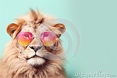 Creative animal hipster background. Lion wearing colored shaded sunglass. AI generated. Stock Photo
