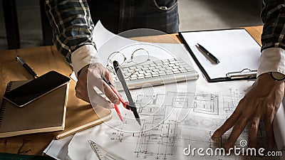 Creative architect projecting on the big drawings in the dark lo Stock Photo