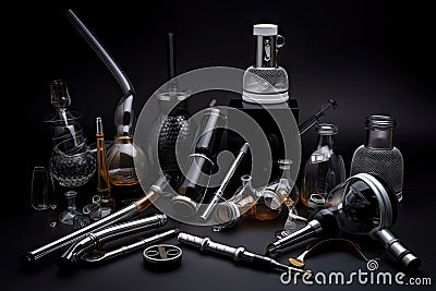 creative arrangement of smoking devices, including vaporizers and pipes, on black background Stock Photo