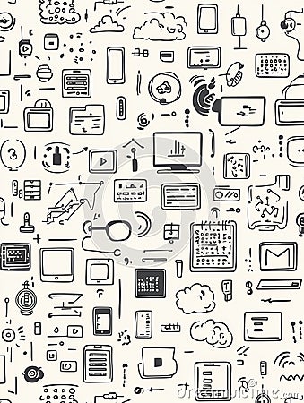 A creative array of hand-drawn doodles illustrating technology items such as coding symbols, computers, and smartphones Stock Photo