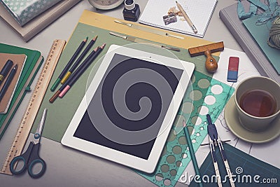 Creative artist desk tablet PC mockup Stock Photo