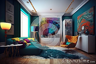 creative and artistic room, with a modern and stylish design, featuring bold colors and contemporary furniture Stock Photo