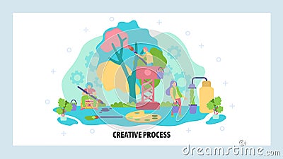 Creative artists paint tree. Art, design and creativity concept. Painting palette, colors, people. Vector web site Vector Illustration