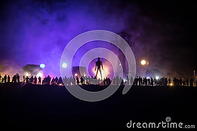 Creative artwork decoration war on Ukraine. Crowd looking on giant explosion and attacking soldiers Stock Photo