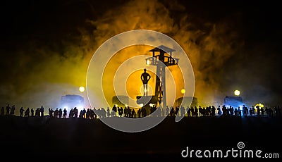 Creative artwork decoration war on Ukraine. Crowd looking on giant explosion and attacking soldiers Stock Photo