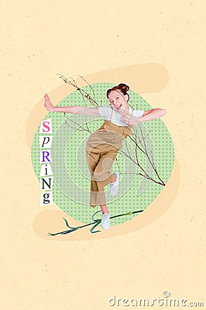 Creative artwork magazine poster banner collage of fun funky teen girl dancing spring event celebrate 8 march Stock Photo