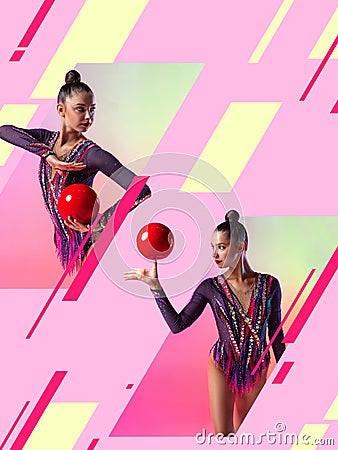 Creative artwork of professional rhythmic gymnast training over multicolored pink background Stock Photo