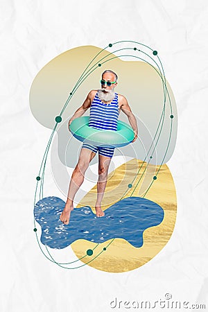 Creative artwork sketch collage image of happy elderly man pensioner leg touch water diving pool have fun isolated Stock Photo