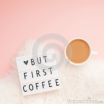 Creative autumn flat lay overhead top view coffee cup vintage lightbox But coffee first text on millennial pink background copy Stock Photo