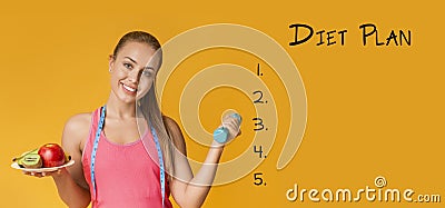 Diet Plan List Background With Sporty Young Woman Holding Dumbbell And Fruits Stock Photo