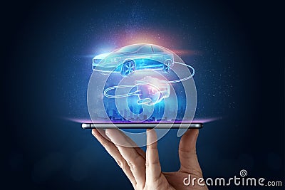 Creative background, Electric car with charging wire, hologram. The concept of electromobility e-motion, charging for the car, Stock Photo