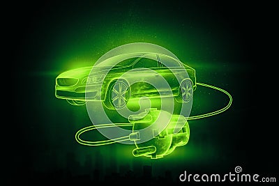 Creative background, Electric car with charging wire, hologram. The concept of electromobility e-motion, charging for the car, Cartoon Illustration