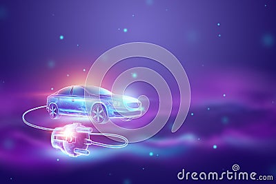 Creative background, Electric car with charging wire, hologram. The concept of electromobility e-motion, charging for the car, Cartoon Illustration