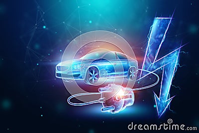 Creative background, Electric car with charging wire, hologram, electricity sign. The concept of electromobility e-motion, Cartoon Illustration