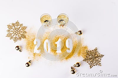 Creative background, 2019 Happy new year. Gold Numbers Design of greeting card of. Gold Shining Pattern. Happy New Year Banner Stock Photo