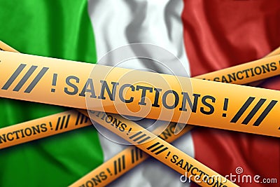 Creative background, the inscription on the flag of Italy, sanctions, yellow protective tape. The concept of sanctions, policies, Cartoon Illustration