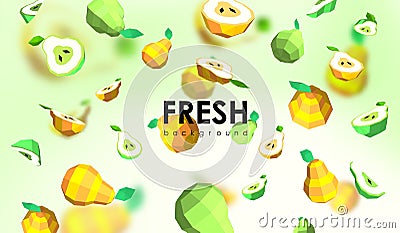 Creative background with low poly fruit. Illustration with polygonal pear. Vector Illustration