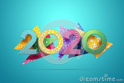 Creative background, numbers 2020 multi-colored on a background of abstract shapes, on a blue background. Happy New Year, year of Cartoon Illustration