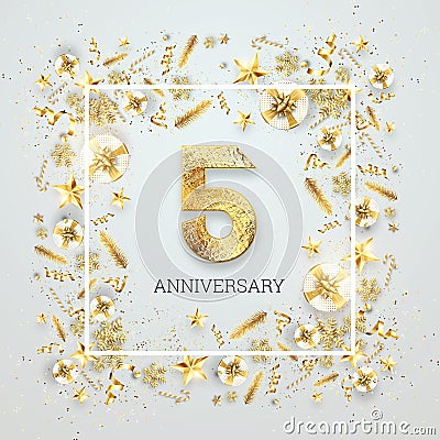 Creative background, 5th anniversary. Celebration of golden text and confetti on a light background with numbers, frame. Cartoon Illustration