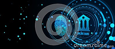 Creative banking hologram in circle on dark wide background with fingerprint. Finance, online bank and digital money concept Stock Photo