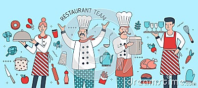 Creative banner with chief, cook, waiter and waitress surrounded by food products, meals and cooking tools. Restaurant Vector Illustration