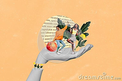 Creative banner collage of human hand holding two little ladies dancing around fruit apple leaves Stock Photo